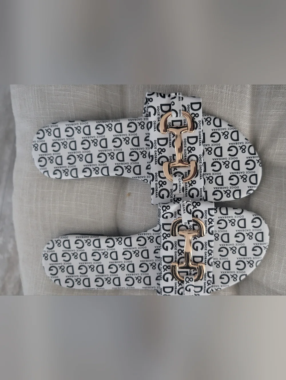 D&G White Logo Slide Sandals with Gold Buckle from Tik Tok Shop - Picture 1 of 6